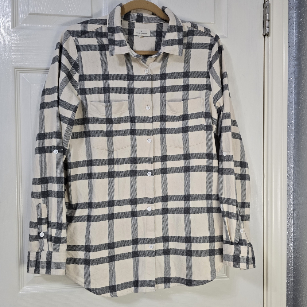 Thread & Supply Women's Black and Cream Plaid Button Down Shirt